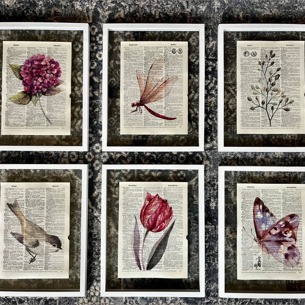 Botanical Flower Vintage Dictionary Collage Wall Art Prints, Set of 6